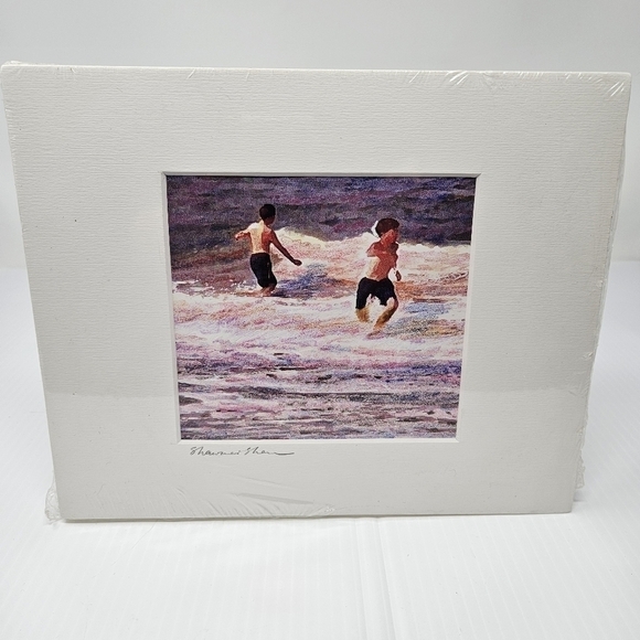 Artwork Print Boys In Surf Colorful Beach Scene Artist Signed In Mat - Picture 4 of 6